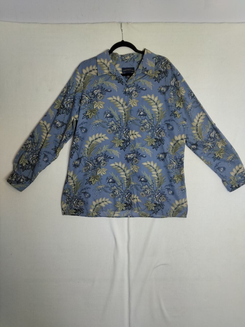 Charter Club Womens sz 16 Blue Blouse Botanical Roll Tab Sleeve Coastal Grandma